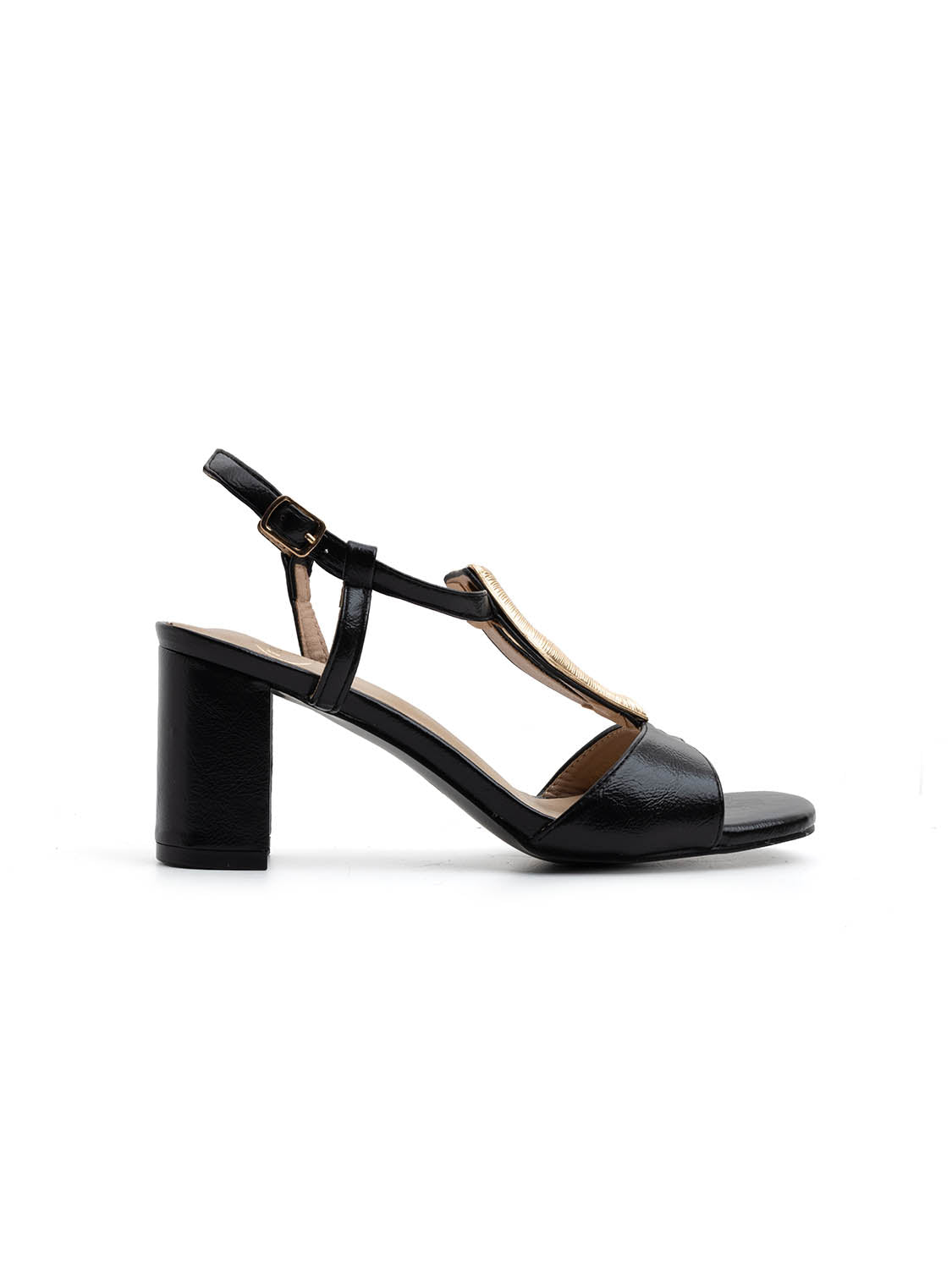Sandalo in vernice con accessorio oro - NERO