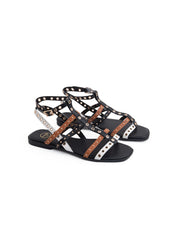 Tricolor Flat Sandal with Eyelets - BLACK