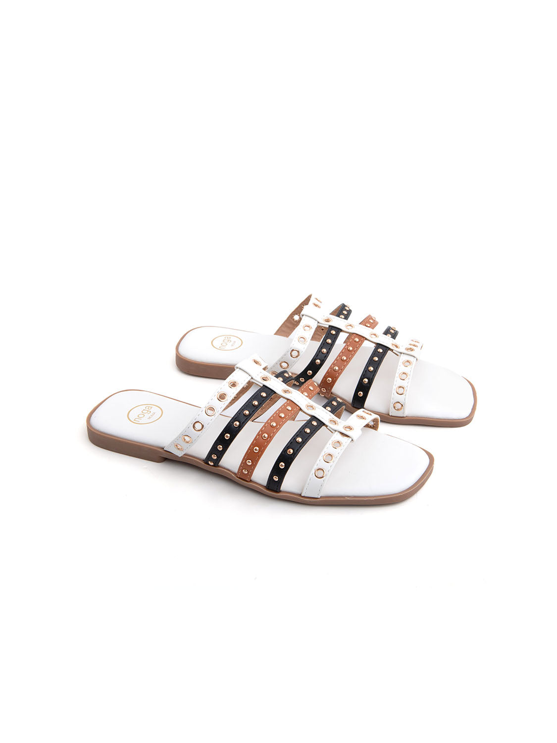 Ciabatta flat tricolor con occhielli - BEIGE