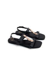 Flat sandal with gold leaf details - BLACK