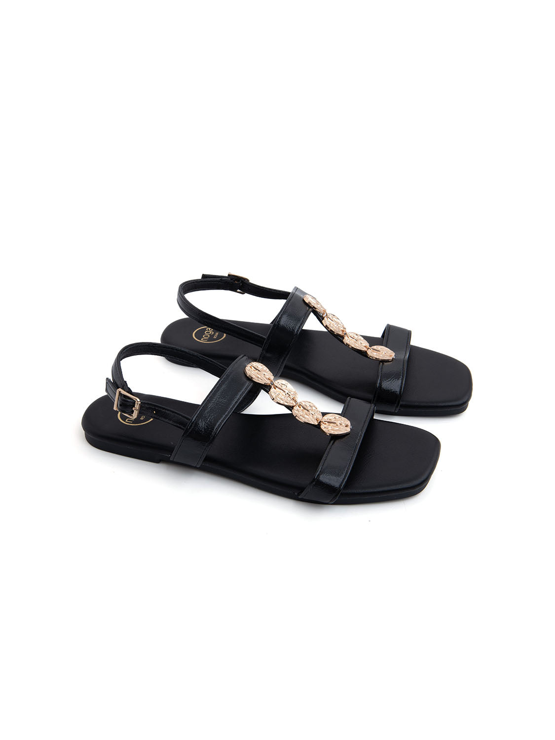 Sandalo flat con dettagli leaf gold - NERO
