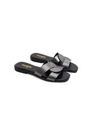Ciabatta metallic cross in vera pelle - ANTRACITE