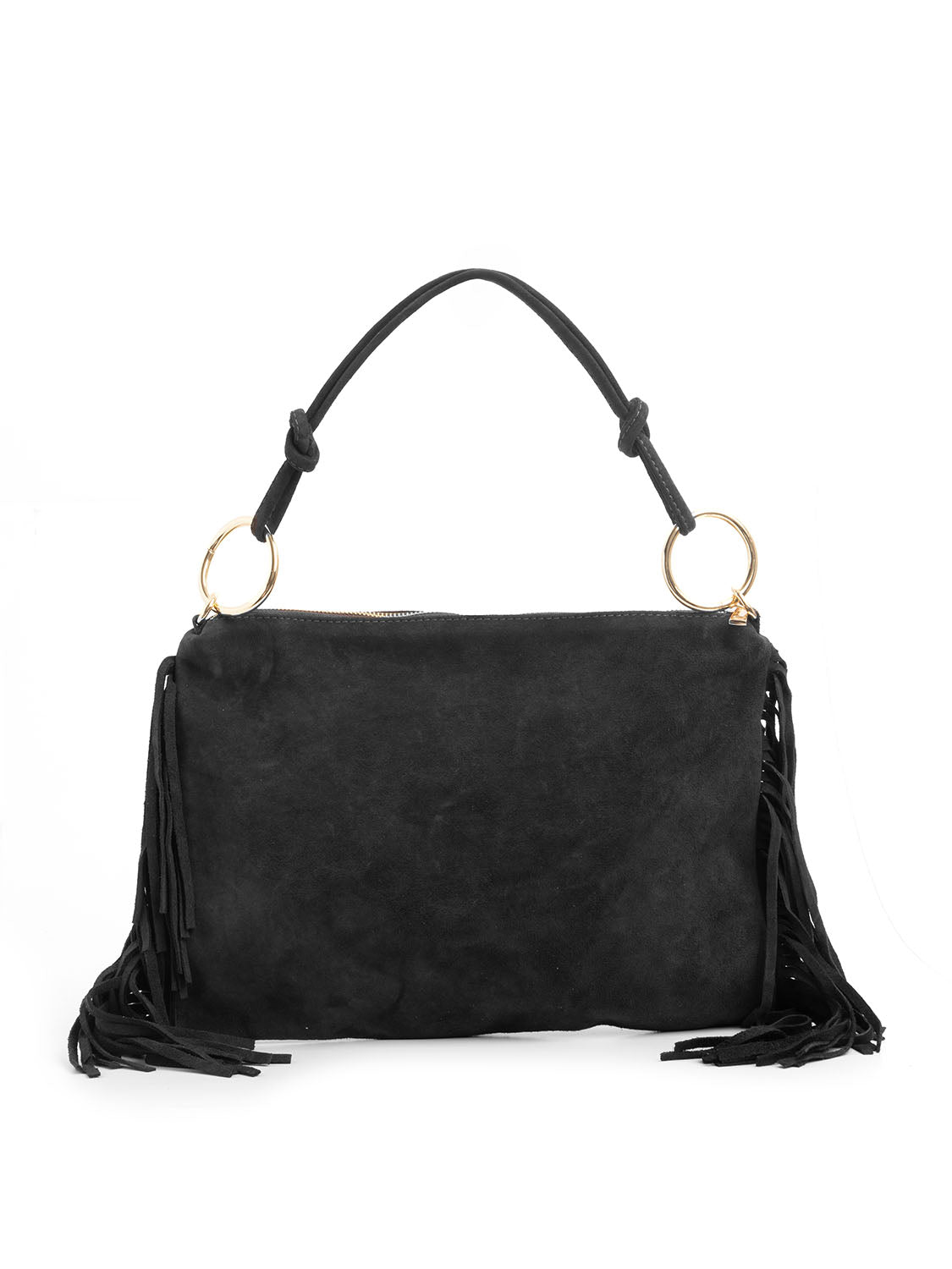 Borsa boho in vera pelle con frange - NERO
