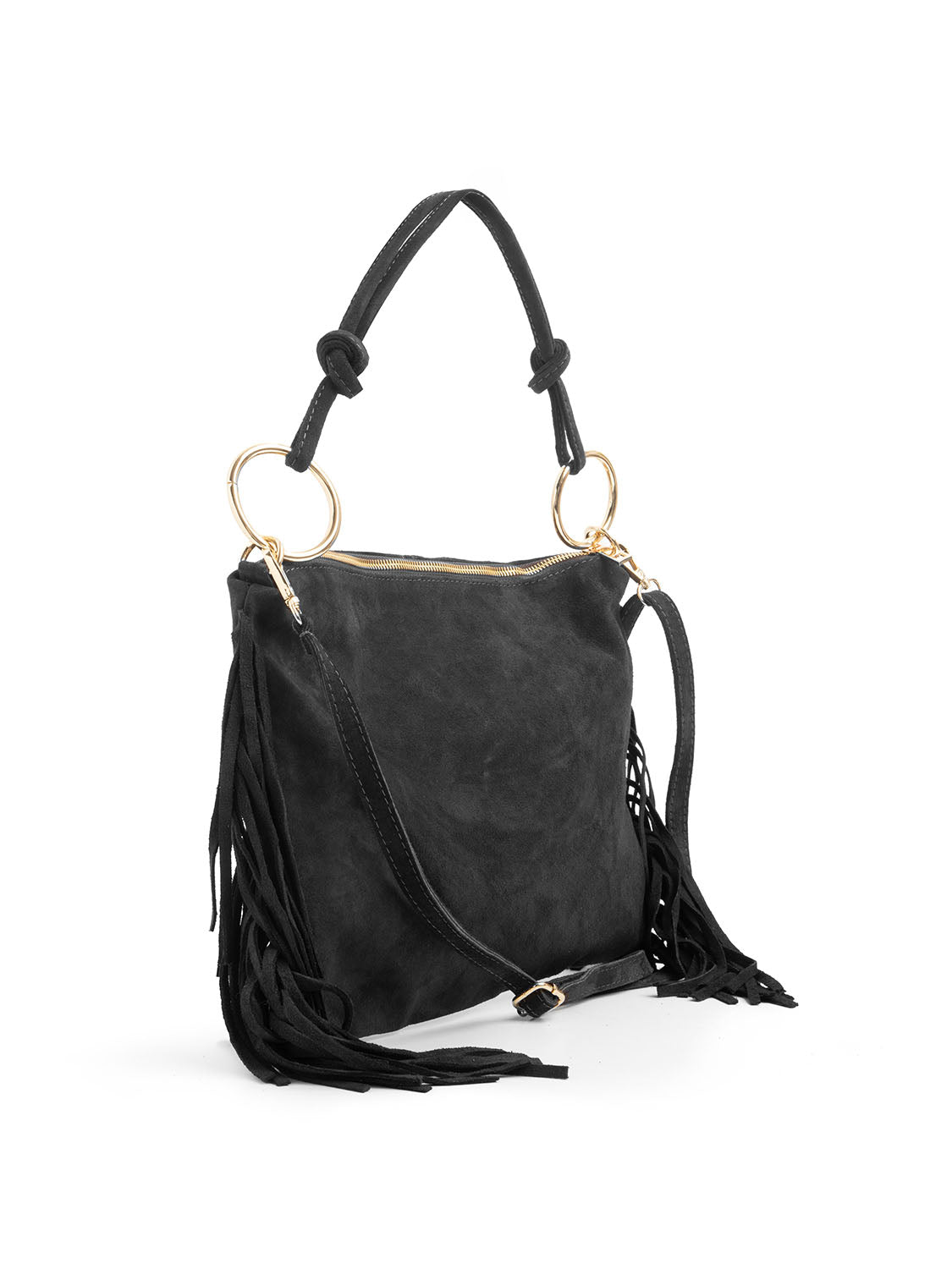 Borsa boho in vera pelle con frange - NERO