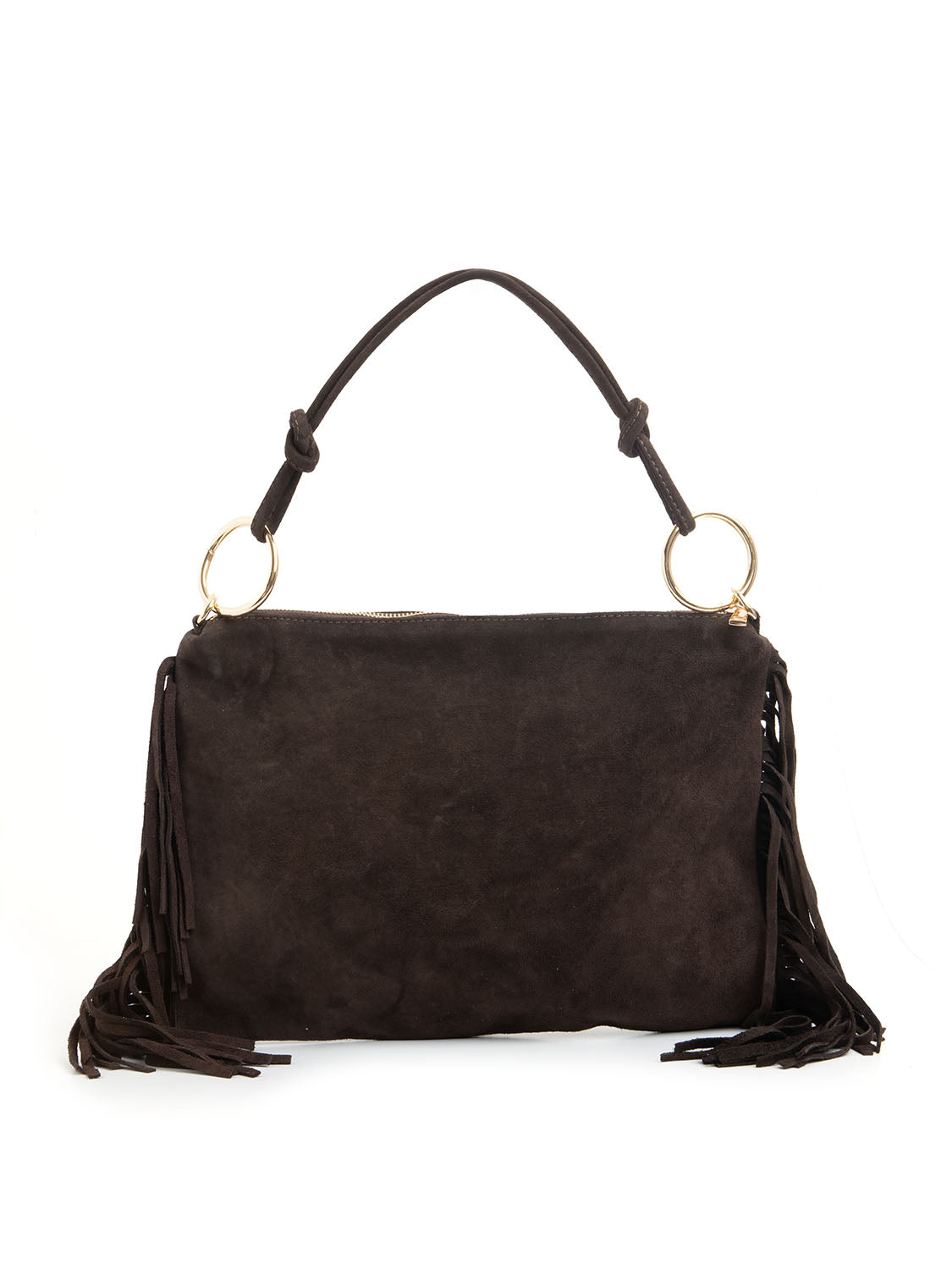 Borsa boho in vera pelle con frange - MARRONE