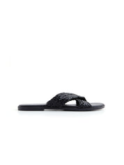 Ciabatta Flat "Woven Cross" in Vera Pelle - NERO