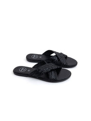 Ciabatta Flat "Woven Cross" in Vera Pelle - NERO