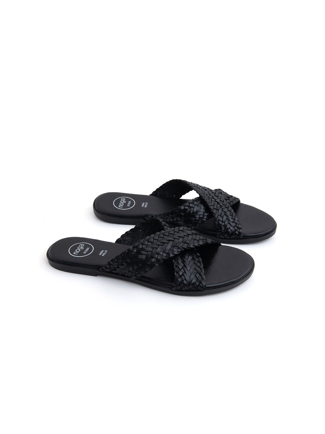 Ciabatta Flat "Woven Cross" in Vera Pelle - NERO