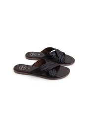 Ciabatta Flat "Woven Cross" in Vera Pelle - MARRONE