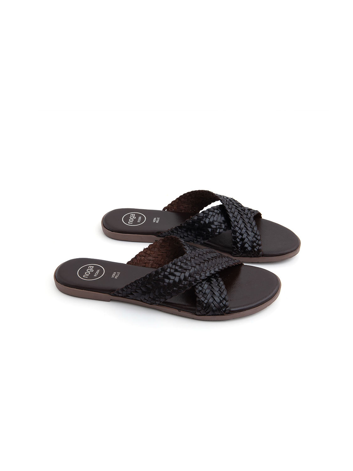 Ciabatta Flat "Woven Cross" in Vera Pelle - MARRONE