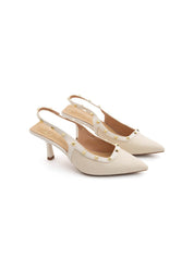 Slingback borchiata con tacco 7 - BEIGE