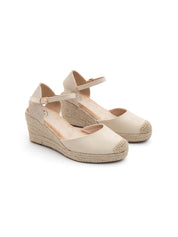 Espadrillas in tela a zeppa con cinturino - BEIGE