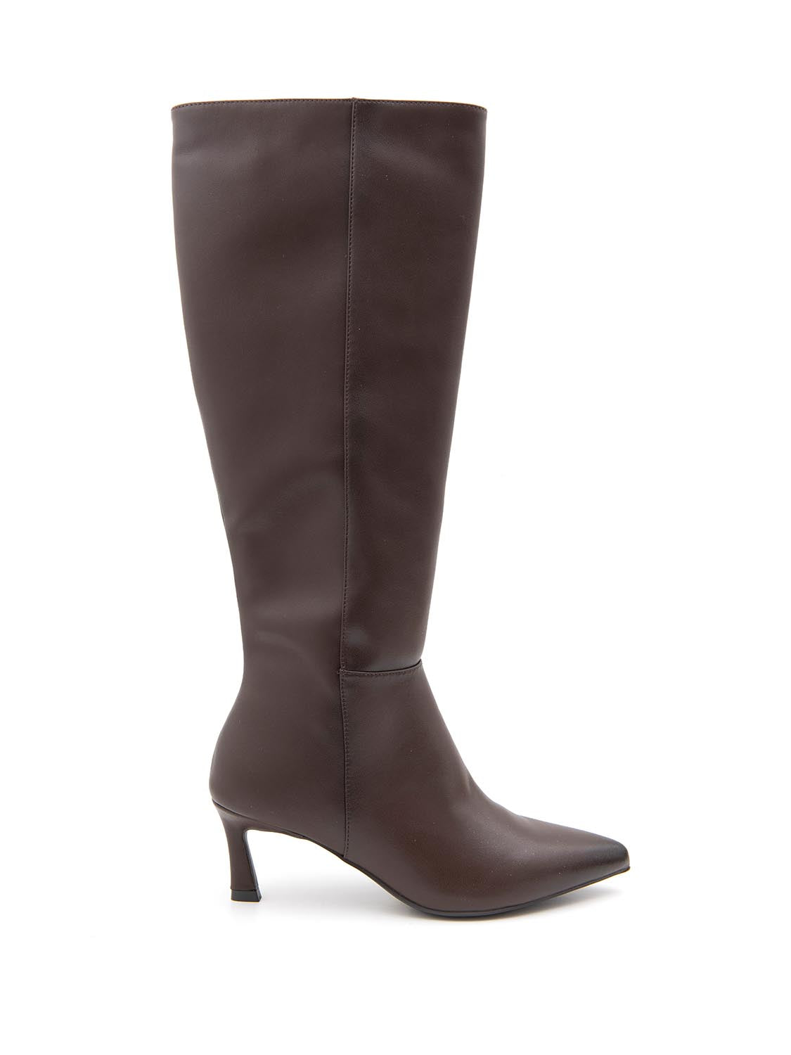 Stivale tubolare in vera pelle con tacco kitten - MARRONE