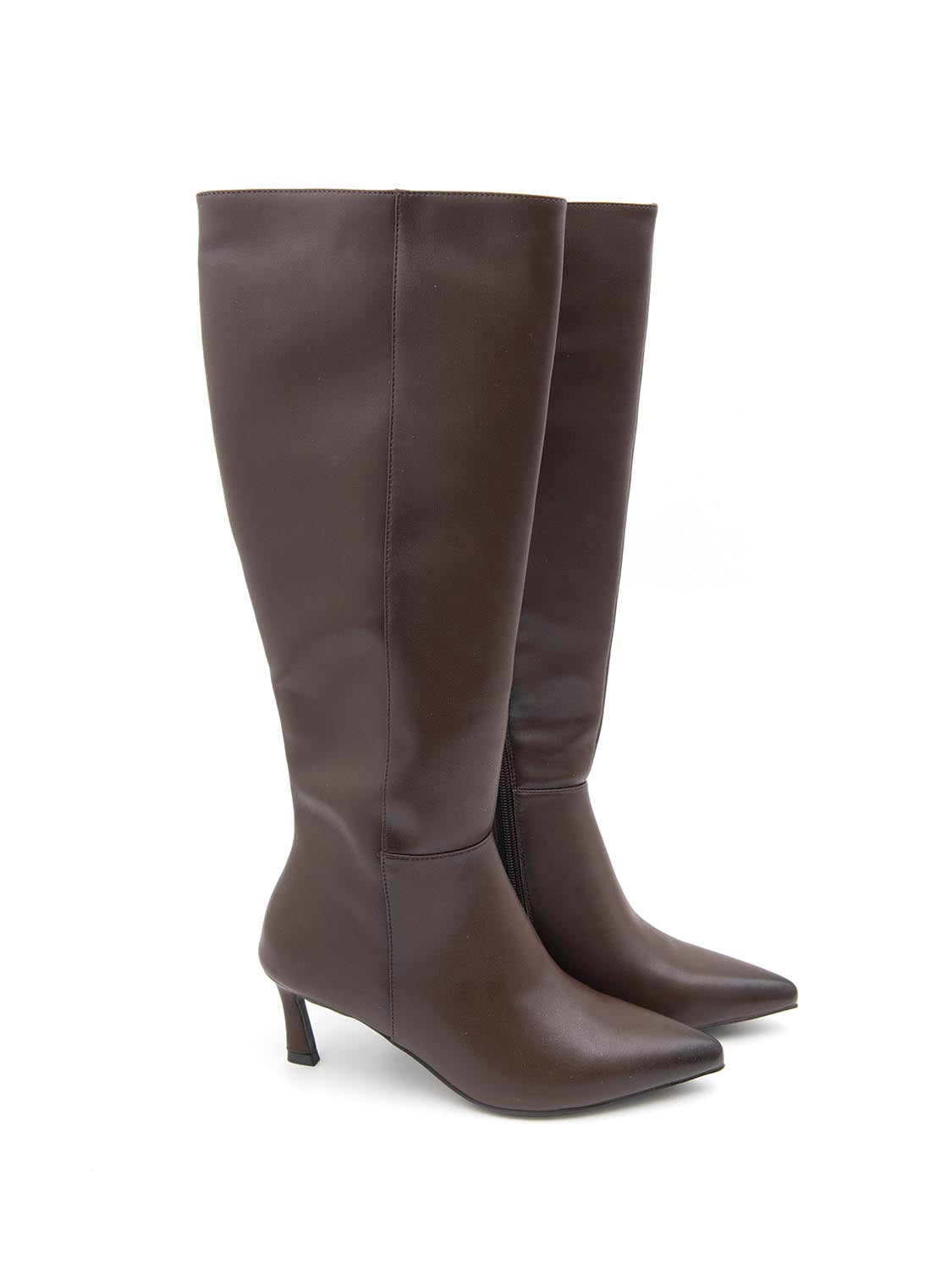 Stivale tubolare in vera pelle con tacco kitten - MARRONE