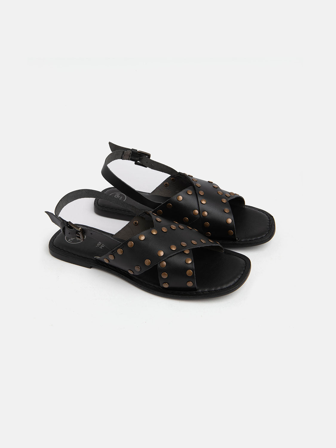 Genuine leather sandal with studded crisscross bands - BLACK