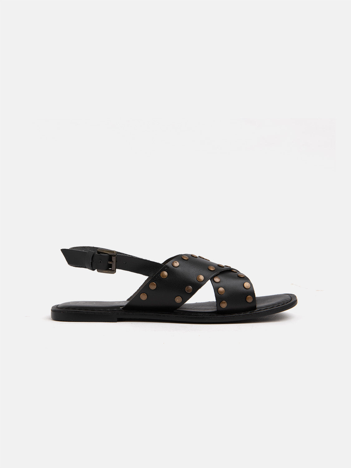 Genuine leather sandal with studded crisscross bands - BLACK