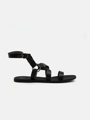 Real leather sandal with straps - BLACK