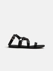 Real leather sandal with straps - BLACK