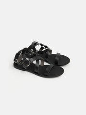 Real leather sandal with straps - BLACK