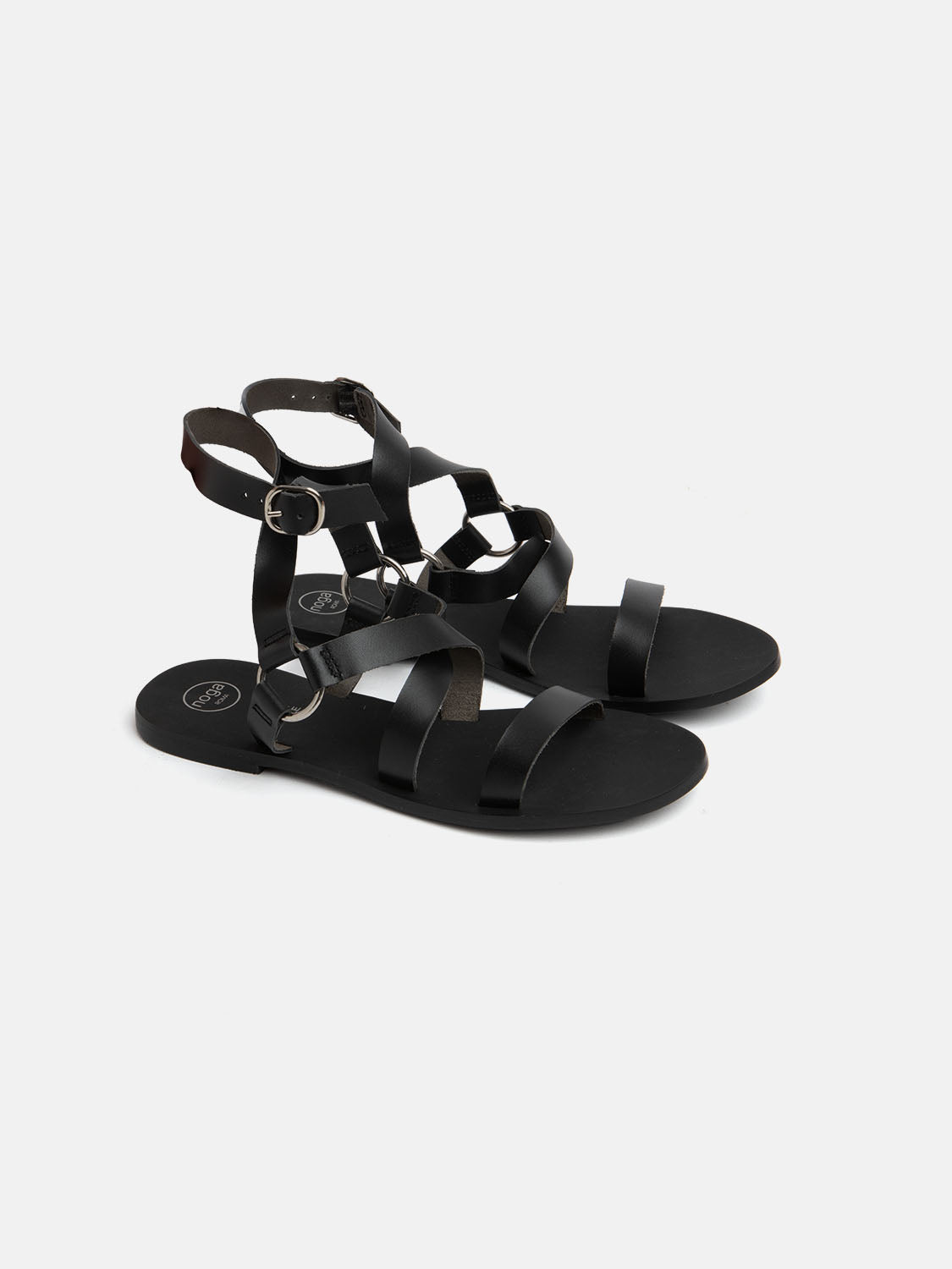 Real leather sandal with straps - BLACK