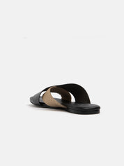 Genuine leather slipper with wide gold band - BLACK