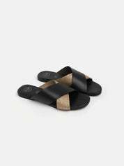 Genuine leather slipper with wide gold band - BLACK