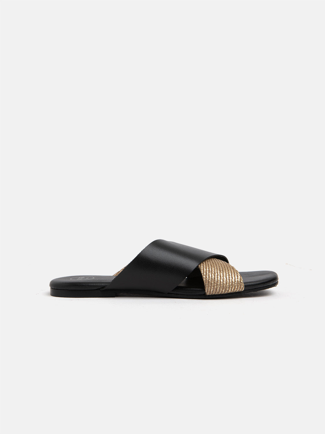 Genuine leather slipper with wide gold band - BLACK