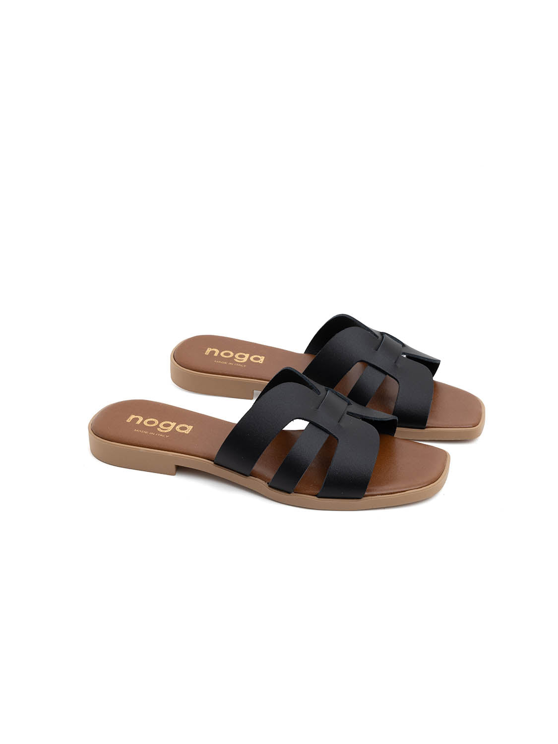 Ciabatta slide con fasce incrociate in vera pelle - NERO