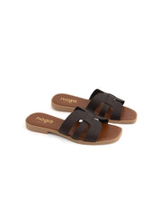Ciabatta slide con fasce incrociate in vera pelle - MORO