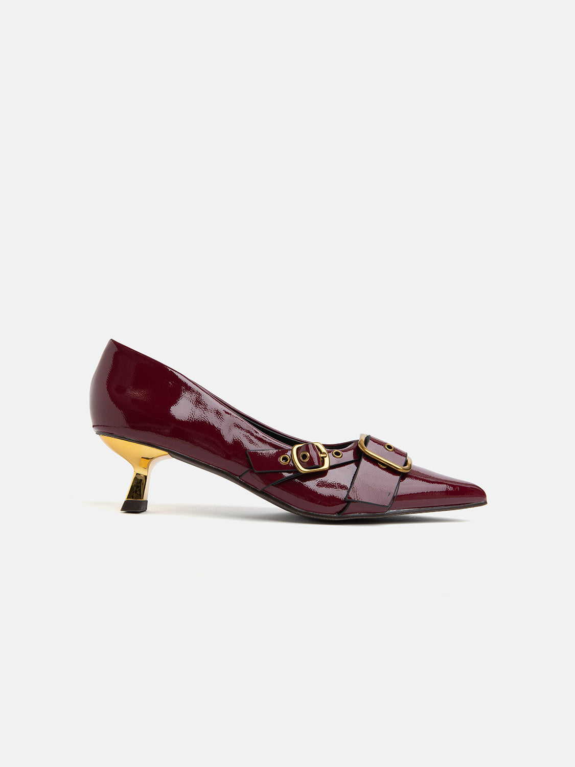 Patent leather pumps with kitten heel and maxi buckle - BORDEAUX