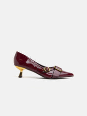 Patent leather pumps with kitten heel and maxi buckle - BORDEAUX