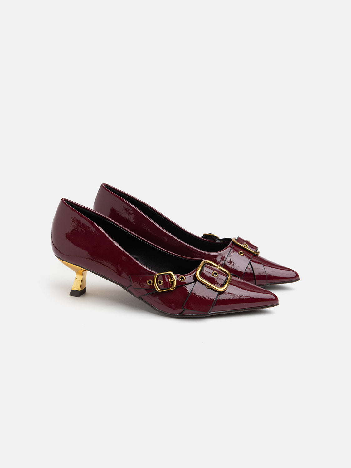 Patent leather pumps with kitten heel and maxi buckle - BORDEAUX