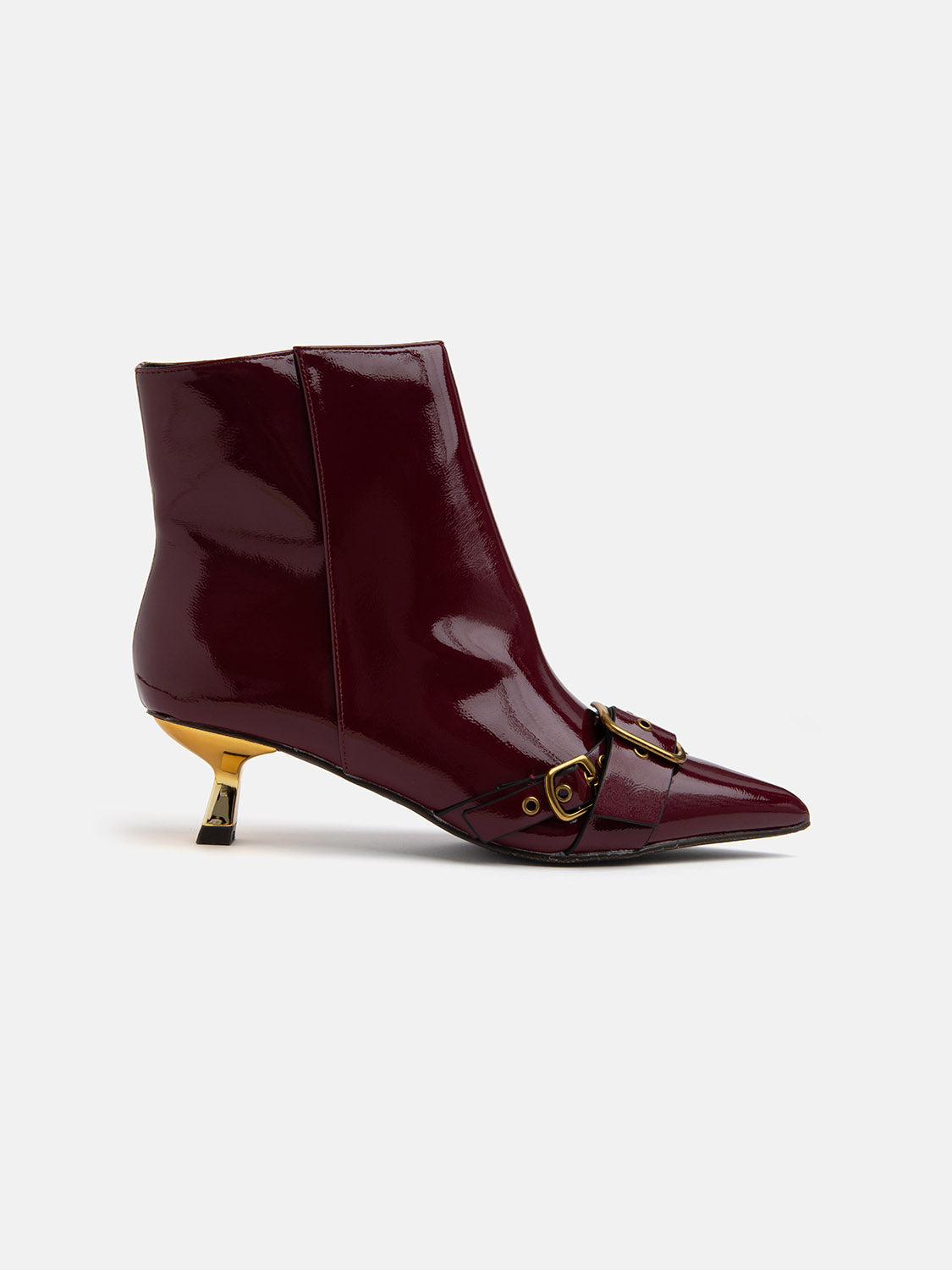 Patent leather ankle boot with kitten heel and maxi buckle - BORDEAUX