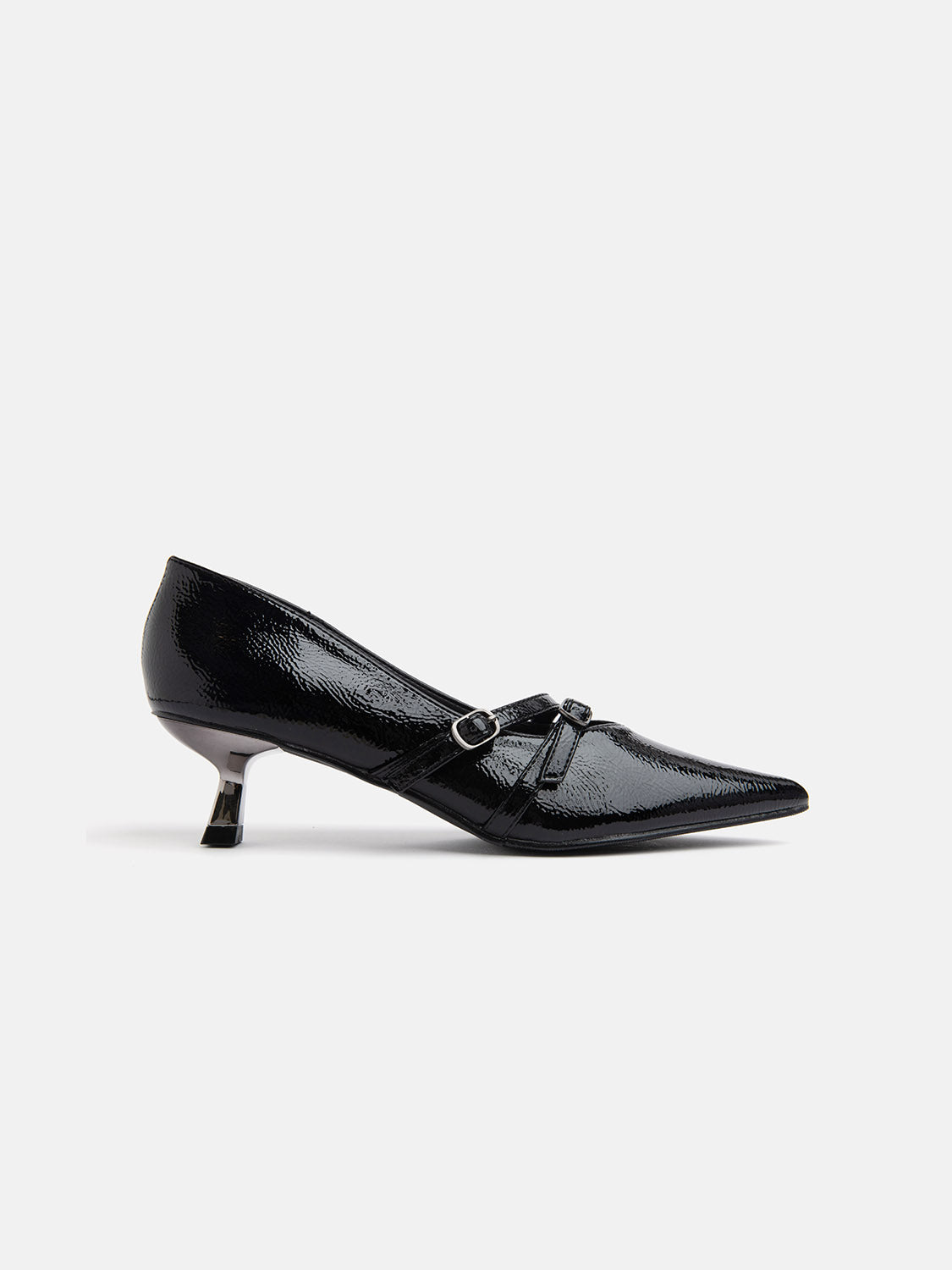 Patent leather kitten heel pumps with mini buckles - BLACK