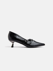 Patent leather kitten heel pumps with mini buckles - BLACK