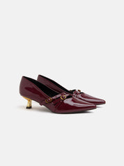 Patent leather kitten heel pumps with mini buckles - BORDEAUX