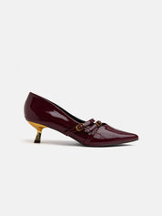 Patent leather kitten heel pumps with mini buckles - BORDEAUX