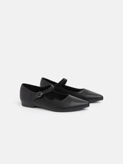 Pointed Toe Ballerina with Strap - BLACK