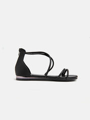 Flat sandal with rhinestone straps - BLACK