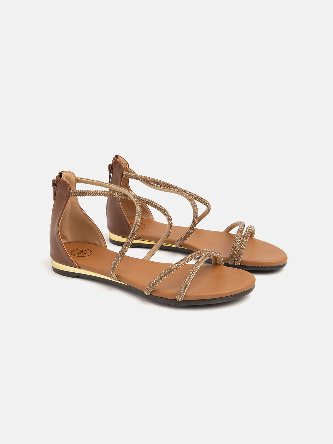 Flat sandal with rhinestone straps - BROWN