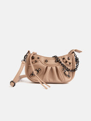 Mini half moon bag with chains and metal finishes - NUDE