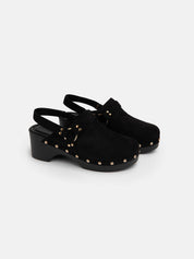 Faux suede clog with strap - BLACK