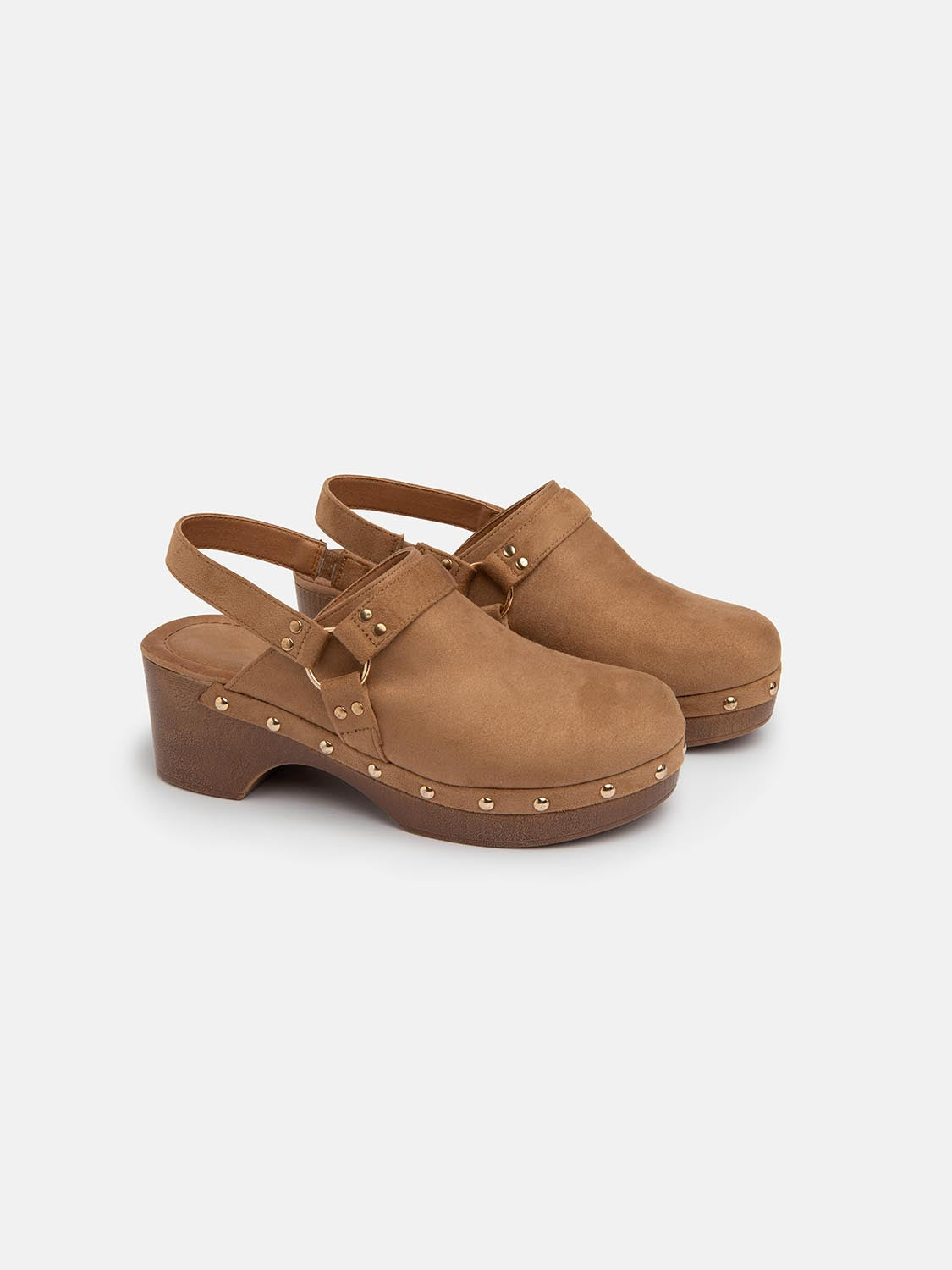 Faux suede clog with strap - CAMEL