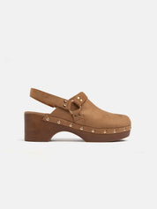 Faux suede clog with strap - CAMEL