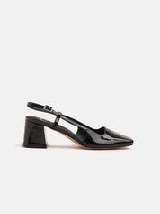 Patent slingback pump with wide heel - BLACK