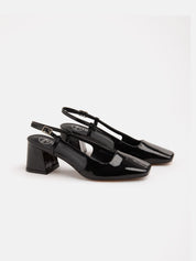 Patent slingback pump with wide heel - BLACK