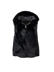 Faux Fur Vest with Hood - BLACK