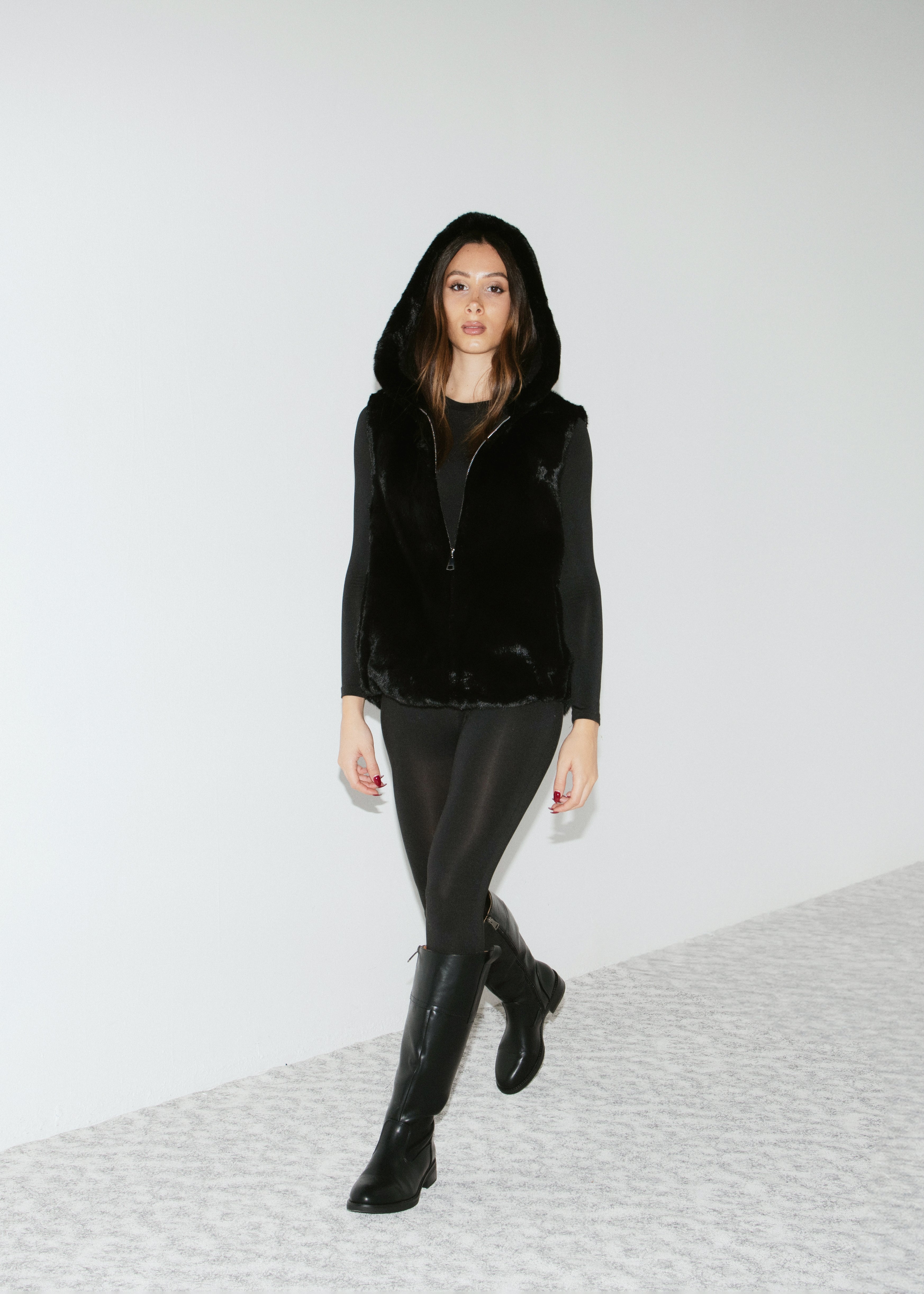 Faux Fur Vest with Hood - BLACK