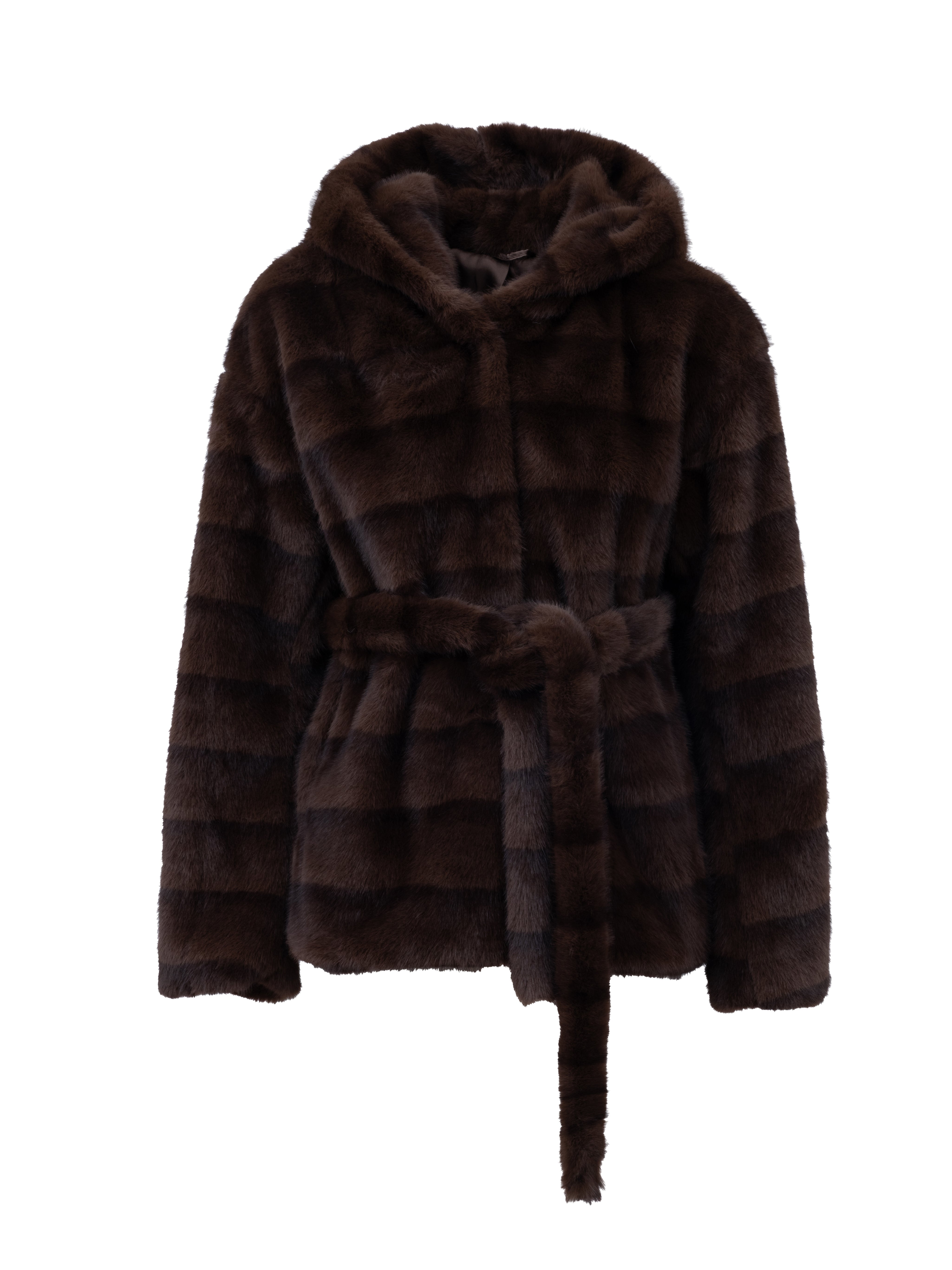 Faux Fur Coat with Belt - BROWN