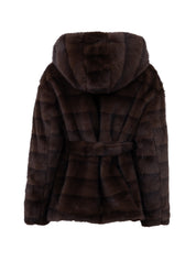 Faux Fur Coat with Belt - BROWN